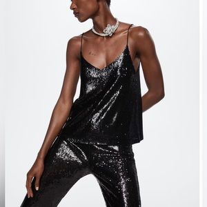 MNG Sequin Spaghetti Strap V- Neck Tank Top. Color: Black. Size XL